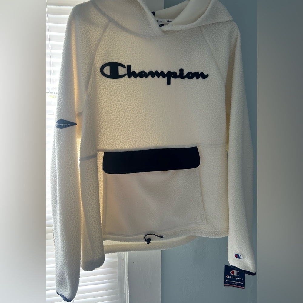 Champion Cream Hoodie with Navy Accents
